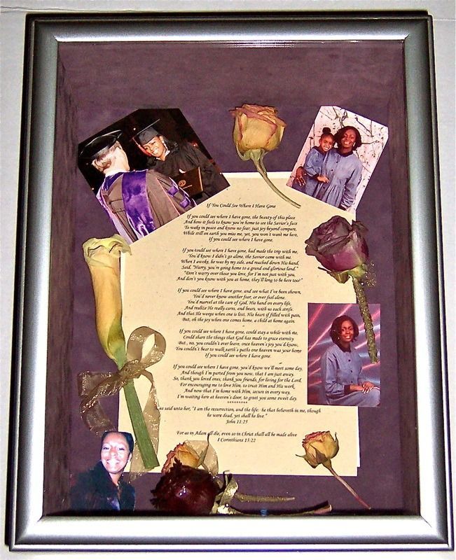 Framed memorial collage with flowers and photos around a typed tribute on a purple background