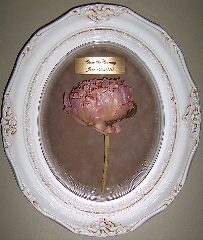 Pink flower mounted in an oval white frame with a small gold plaque above it