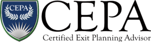 Logo for Certified Exit Planning Advisor (CEPA), featuring a blue shield icon with a white laurel and rising sun motif.