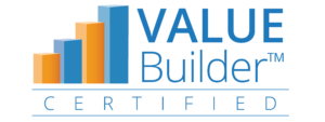 Value Builder Certified logo featuring a bar chart with alternating orange and blue bars and blue text.