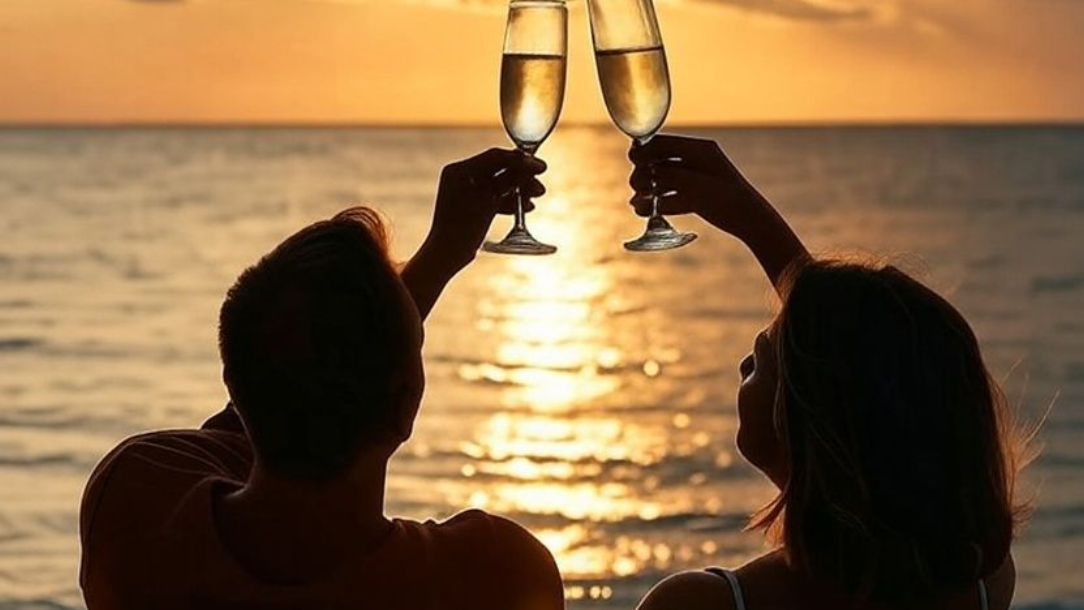 Two people in silhouette toast with champagne glasses against a golden ocean sunset.
