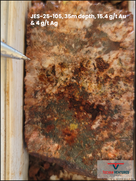Photo 1. Close up of high-grade gold sample (JES-25-105, 1.2 meters of 15.4 g/t Au and 4 g/t Ag, from 35.1m depth vertically from surface). 
