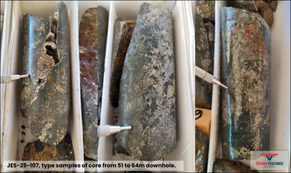 Photo 1. Type samples of brecciated andesite with sulphide rich vein stockwork (JES-25-107, 51m to 64m downhole, averaging 0.9 g/t Au and 20 g/t Ag).