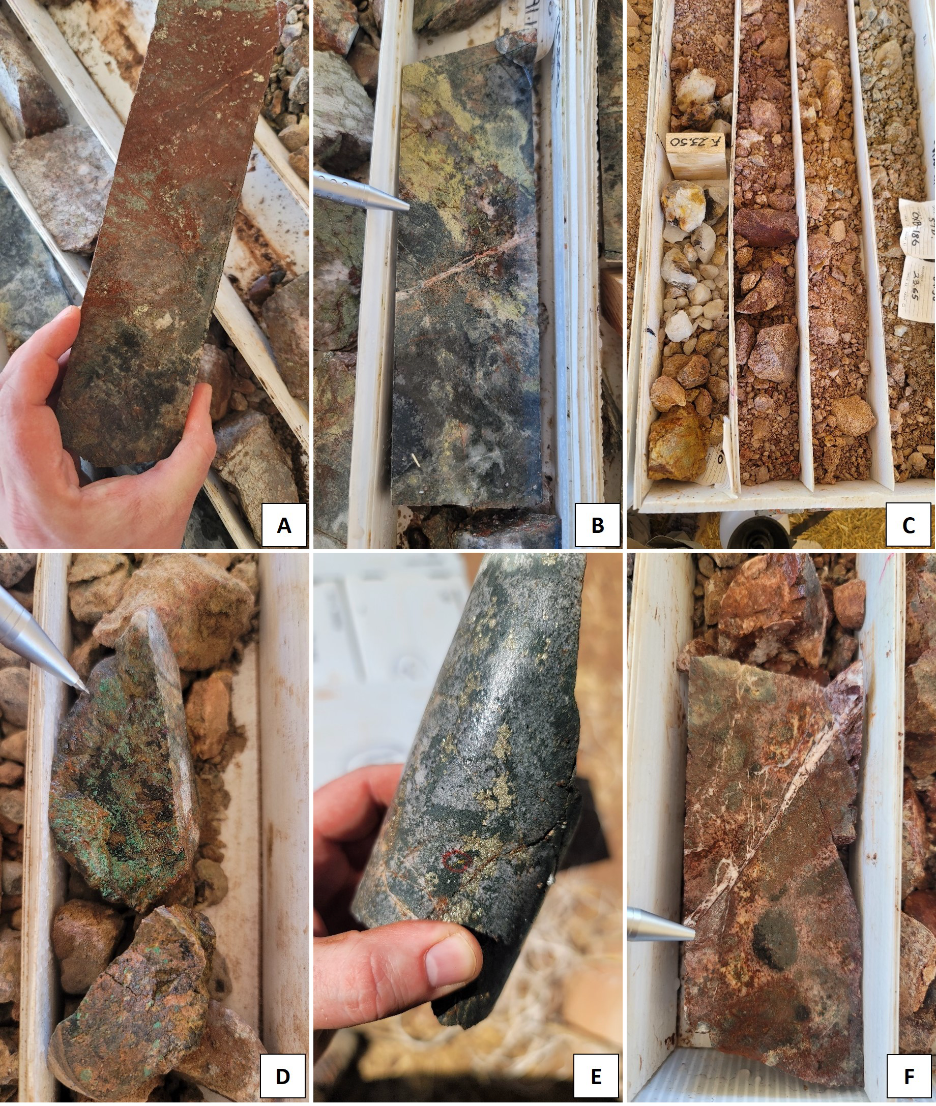 Plate 1. Different alteration and lithology styles related to mineralization at Pilar as seen in the recent core program. A. Intense hematite flooding of andesite host rock with later silicification, JES-25-104, 88 m depth. B. Silicified breccia with intense silicification, moderate epidote-chlorite alteration and late hematite vein stockwork, JES-25-104, 90m depth. C. Wide intensely oxidized fault zone with white quartz veining, JES-25-103, 23m depth. D. Malachite with hematite in highly fractured and oxidized host rock, JES-25-103, 27m depth. E. Silicified breccia with intense chlorite and pyrite and minor chalcopyrite, JES-25-107, 55m depth. F. Intense fractured silicified breccia with intense hematite and late calcite veins, JES-25-105, 85m depth. The Company cautions these are visual indications; assay results are pending to verify the grade of mineralization and width.