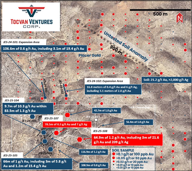 Figure 1: Planview of Main Zone Area (modified from today’s Tocvan release to highlight JV area) – today’s results in red boxes. 