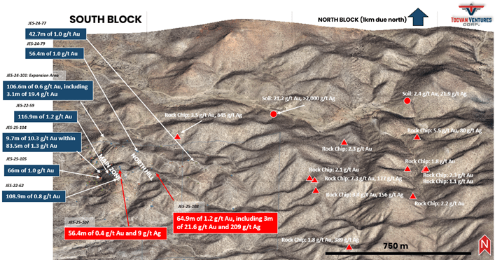 Figure 2. 3D surface of the shared El Pilar (modified from today’s Tocvan release to highlight JV area). Drill results announced today are in red boxes. Note: Hole JES-24-101 is located on Tocvan property and illustrates potential for continuity to border of the zone on the joint venture ground.