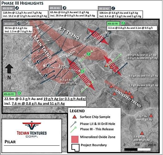 A map showing the phase iii highlights of drilling at the Pilar project