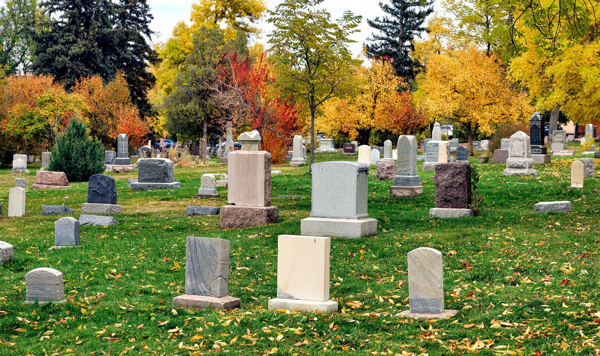 A cemetery with various tombstones and grave markers arranged on green grass.