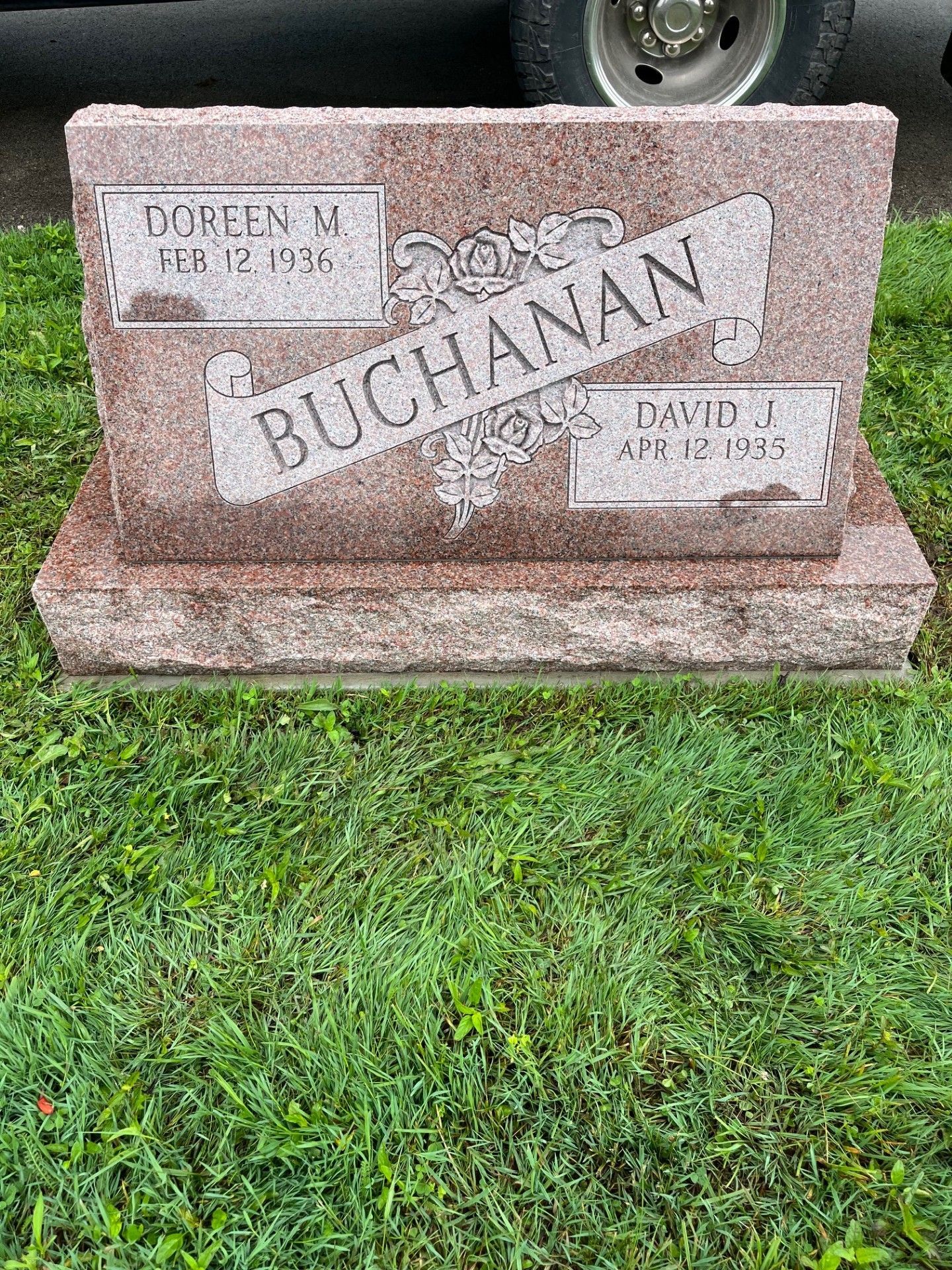 Pink granite Buchanan family gravestone on grass, with engraved names and dates.