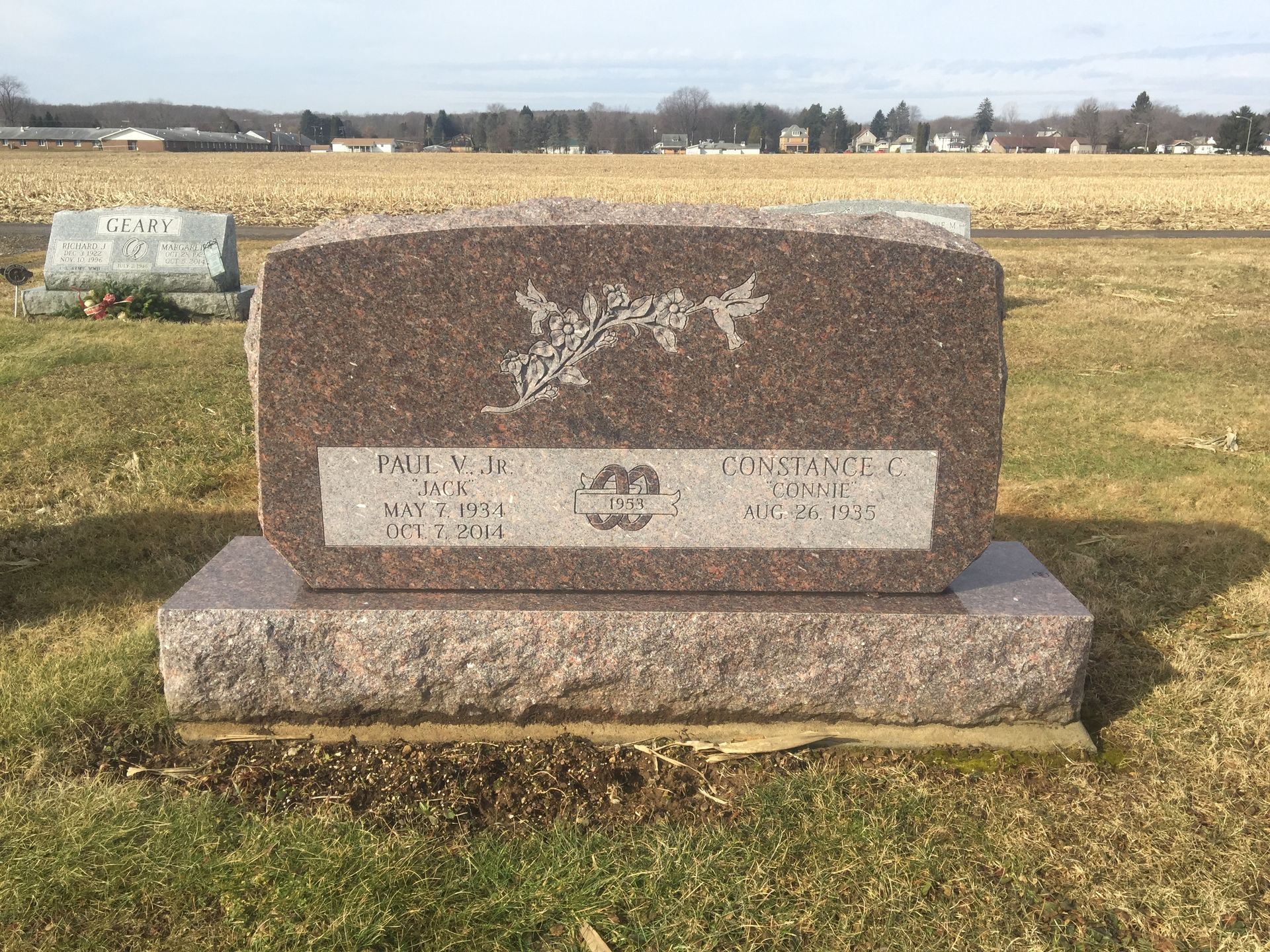 Stone grave marker in a rural cemetery field with flat farmland and trees in the background