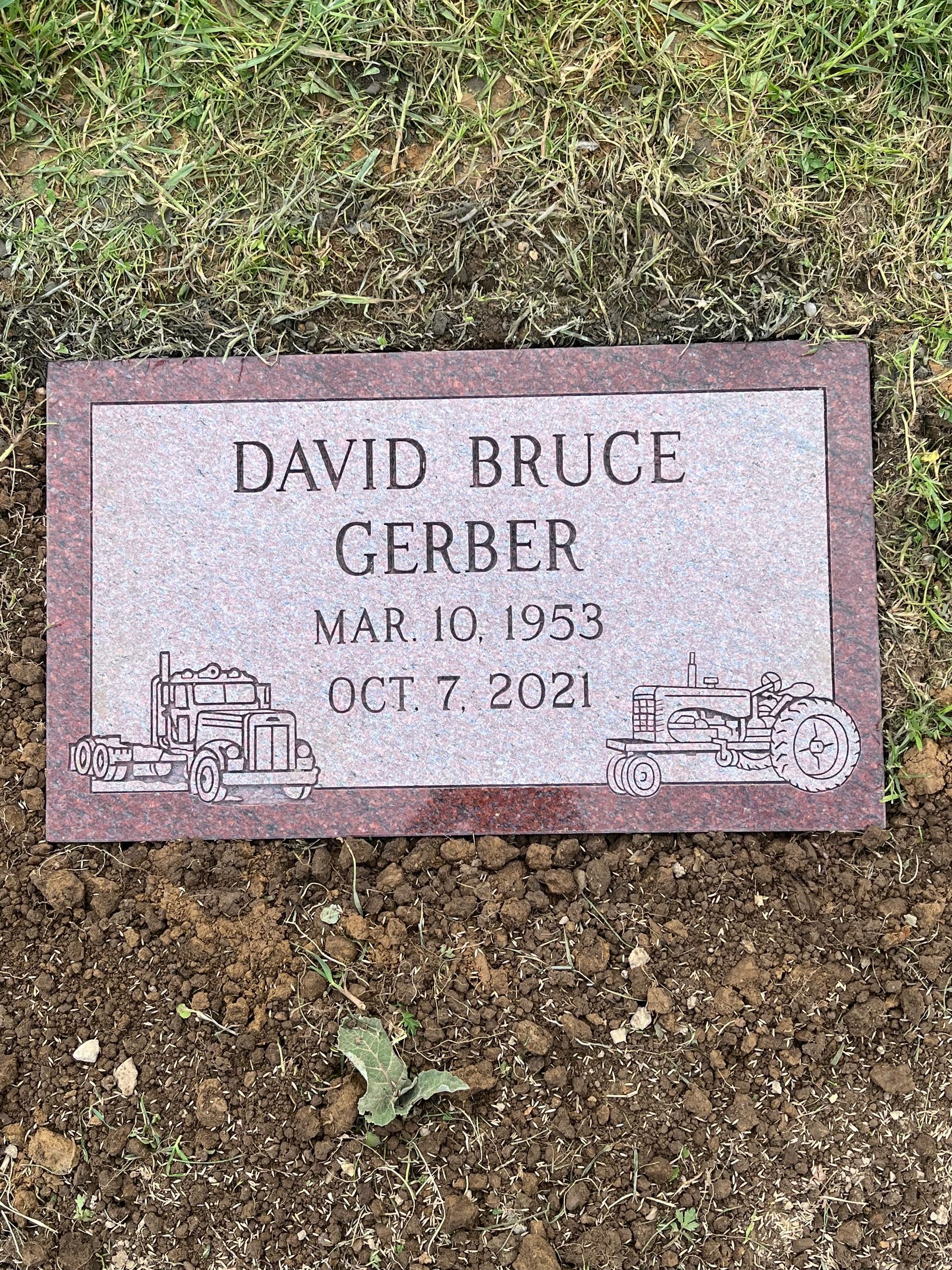 Pink memorial plaque on grass reading “David Bruce Gerber, Mar 10, 1953 – Oct 7, 2021”