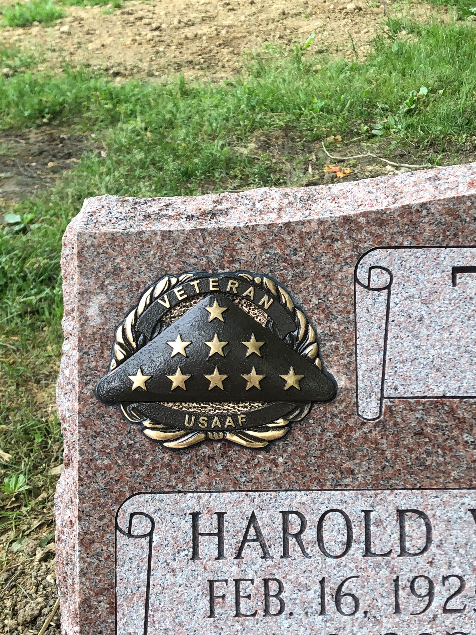 Military grave marker with a dark star emblem and the name Harold visible on a granite headstone.
