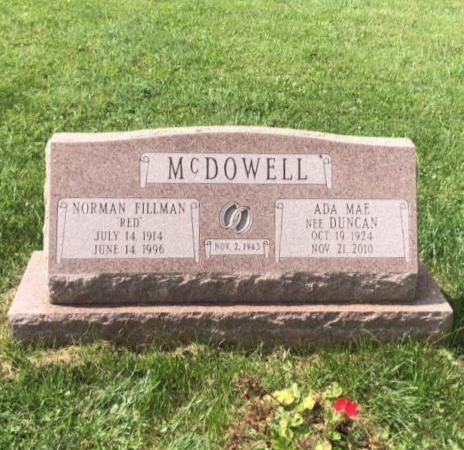 McDowell gravestone on a grassy lawn with engraved names and dates
