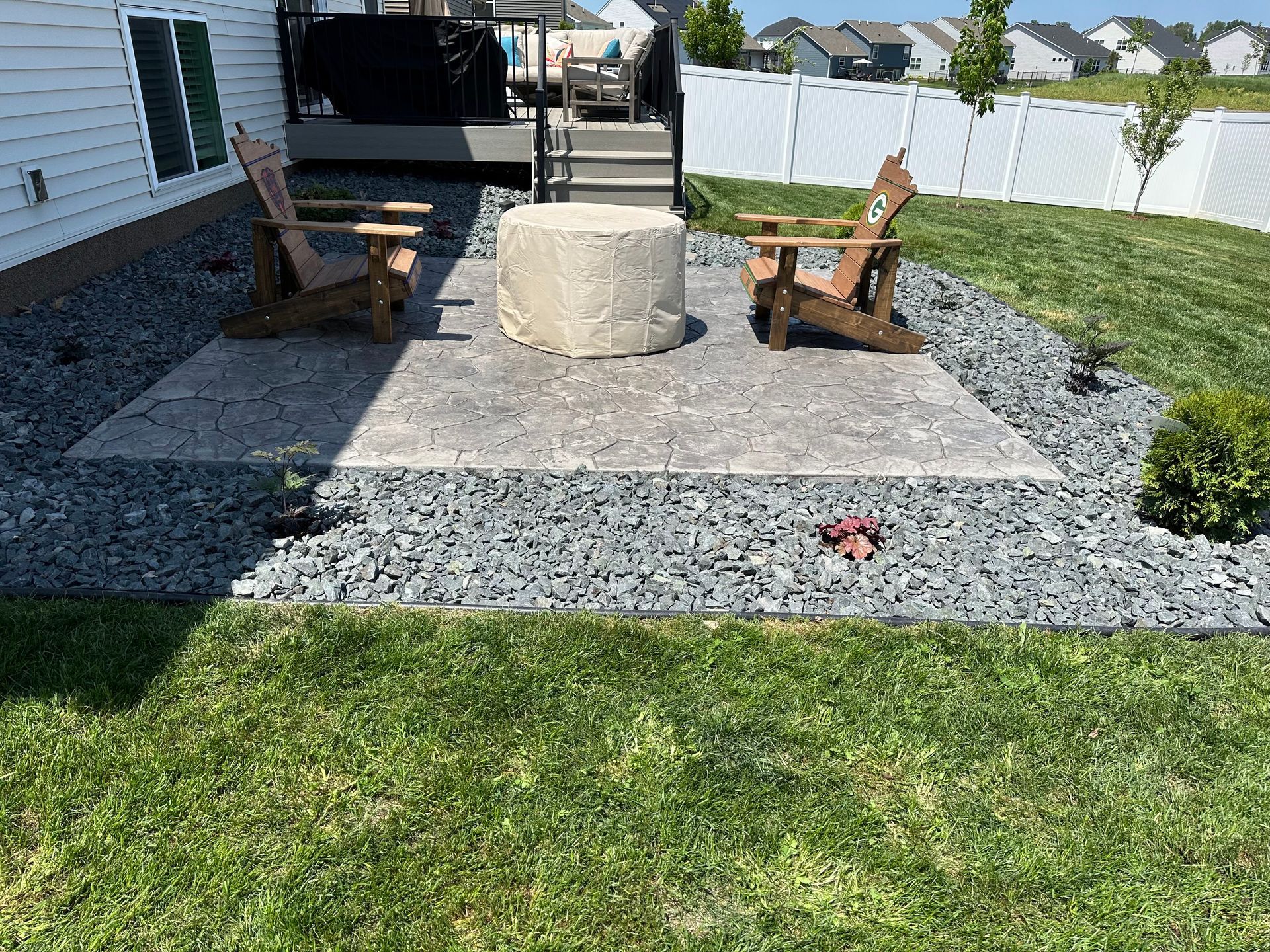 A patio with two chairs and a fire pit in the backyard of a house.