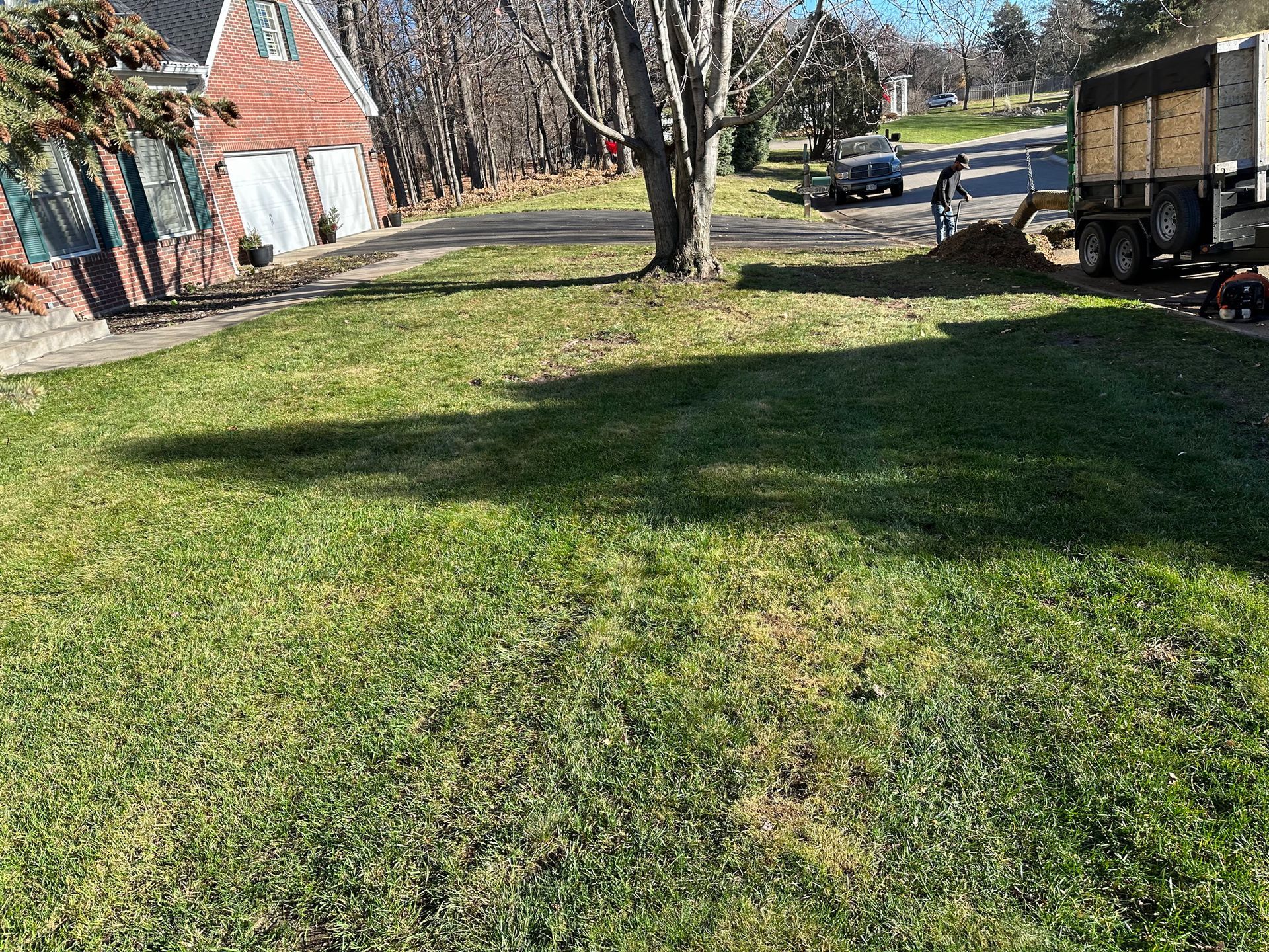 A truck is parked in the grass in front of a house.