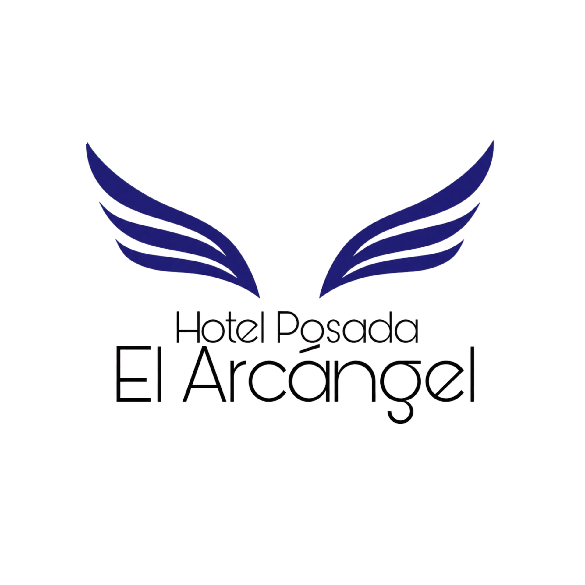Logotipo del Hotel Posada El Arcángel con alas azules sobre fondo blanco