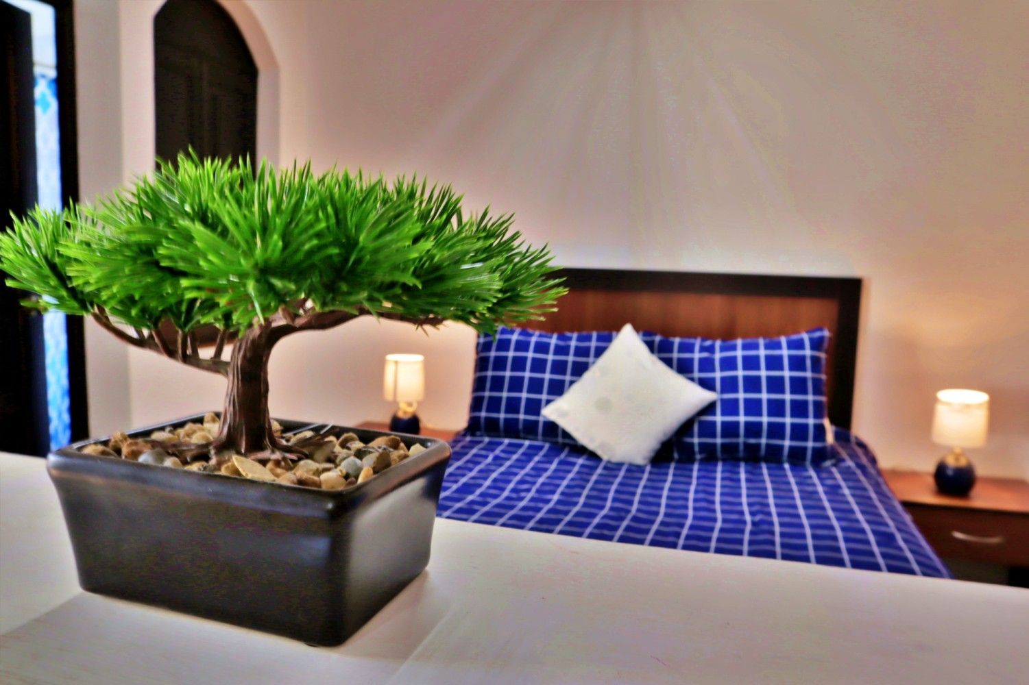 Dormitorio moderno con un bonsái sobre una cómoda y una colcha de cuadros azules con almohada blanca.