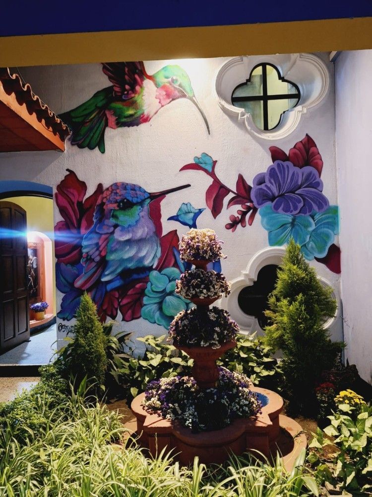 Mural colorido de grandes flores y mariposas en la pared de un patio, con setos ornamentales en macetas delante.