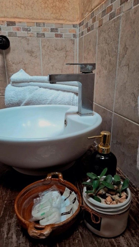Tocador de baño moderno con lavabo redondo, grifo de pared, jabonera y pequeñas plantas en maceta sobre la encimera.