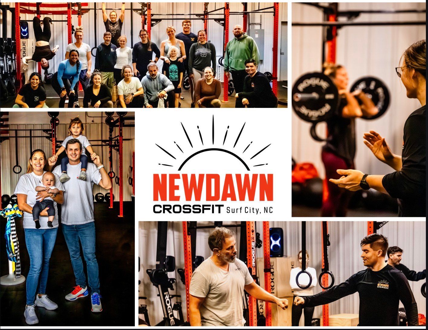 NewDawn CrossFit in Surf City, NC collage with people training and the NEWDAWN CrossFit logo in the center