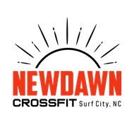 New Dawn CrossFit logo with orange text, black sun rays, and “Surf City, NC” text