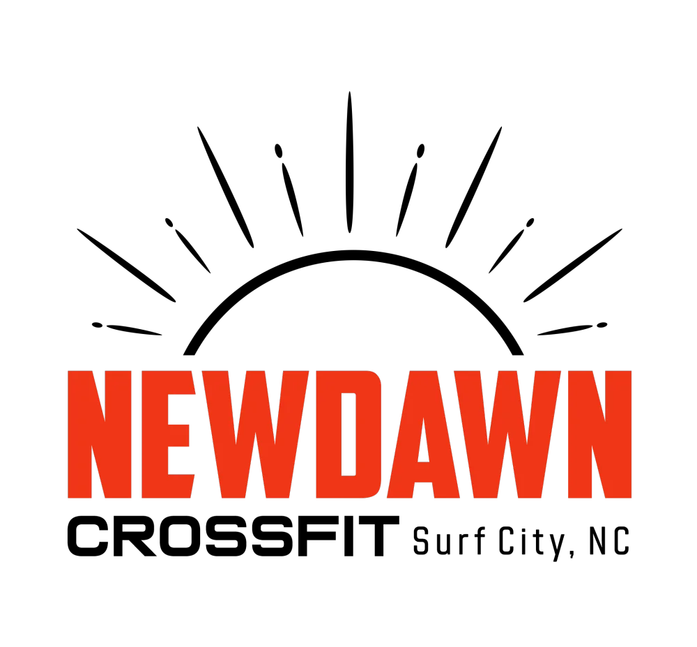 New Dawn CrossFit logo with orange text, black sun rays, and &ldquo;Surf City, NC&rdquo; text