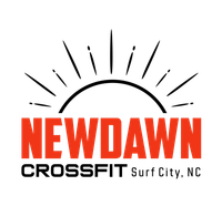 New Dawn CrossFit logo with orange text, black sun rays, and “Surf City, NC” text