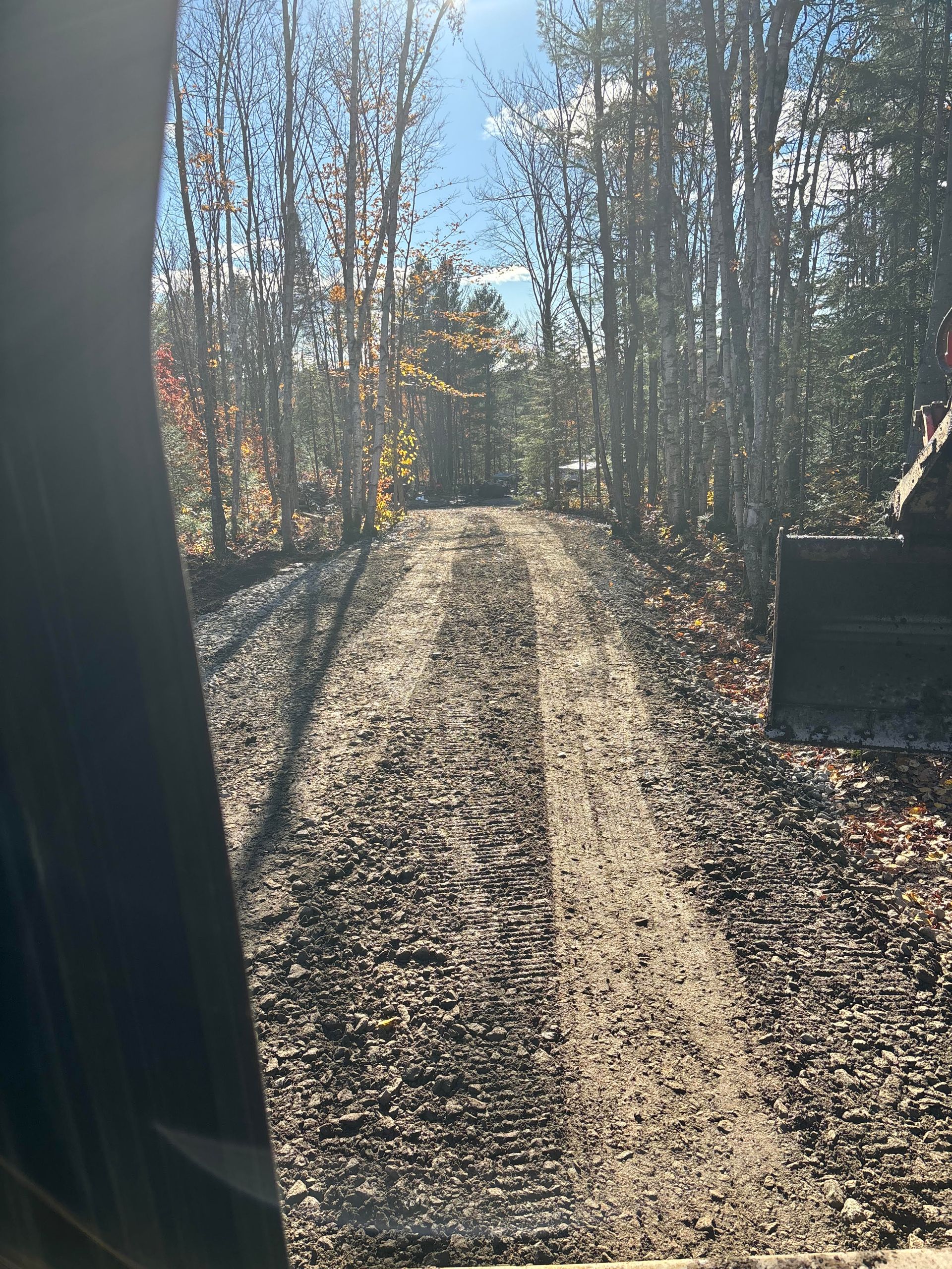 Une personne conduit sur un chemin de terre dans les bois.