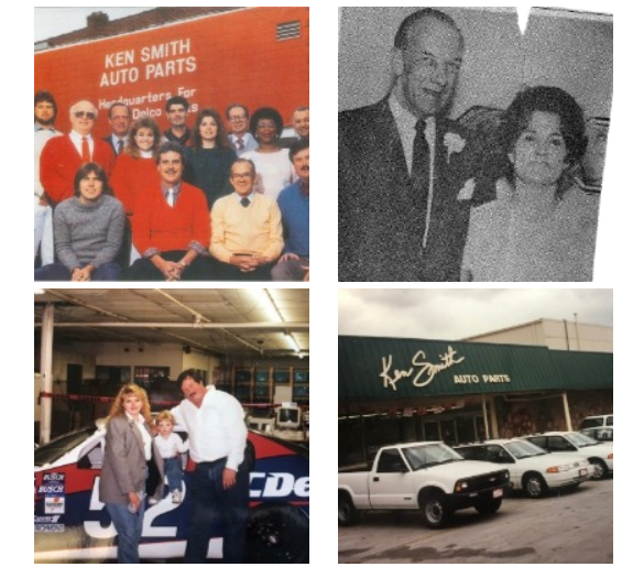 A group of people are standing in front of a building that says ken smith auto parts