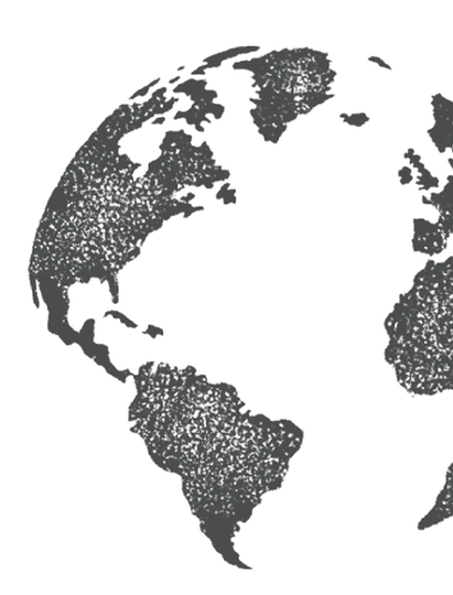 Stylized black-and-white globe showing the Americas and parts of Europe and Africa
