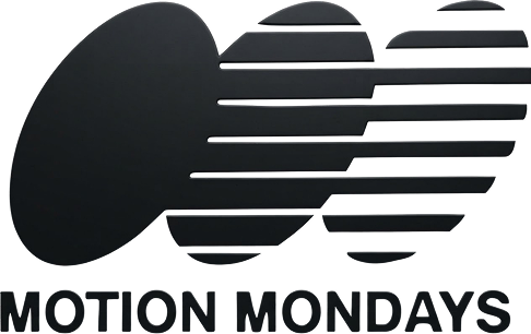 Black-and-white Motion Mondays logo with abstract striped oval shapes and bold text