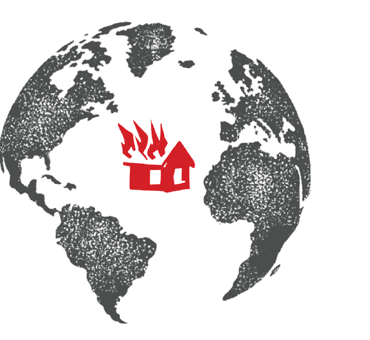 Gray globe with a red house on fire in the center