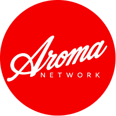 Red circular Aroma Network logo with white script text