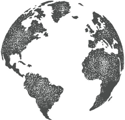 Stylized black-and-white globe showing the Americas, Europe, and Africa