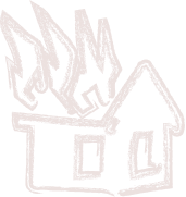 Outline of a house engulfed in flames, drawn in pale orange on a white background