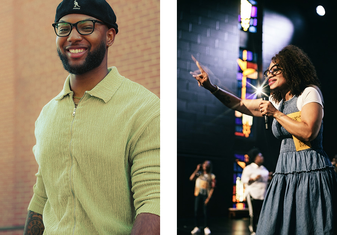 Split image: smiling person in a black beanie and glasses; singer on stage pointing under colorful lights.
