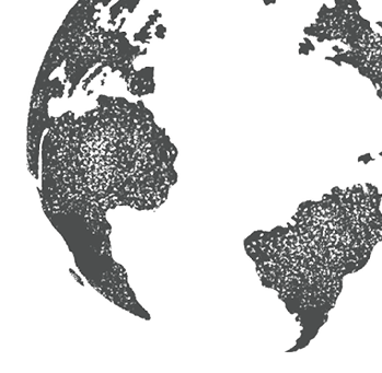 Stylized black-and-white world map showing the Americas, Africa, and Europe on a white background