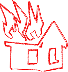 Red line drawing of a house on fire with flames above the roof