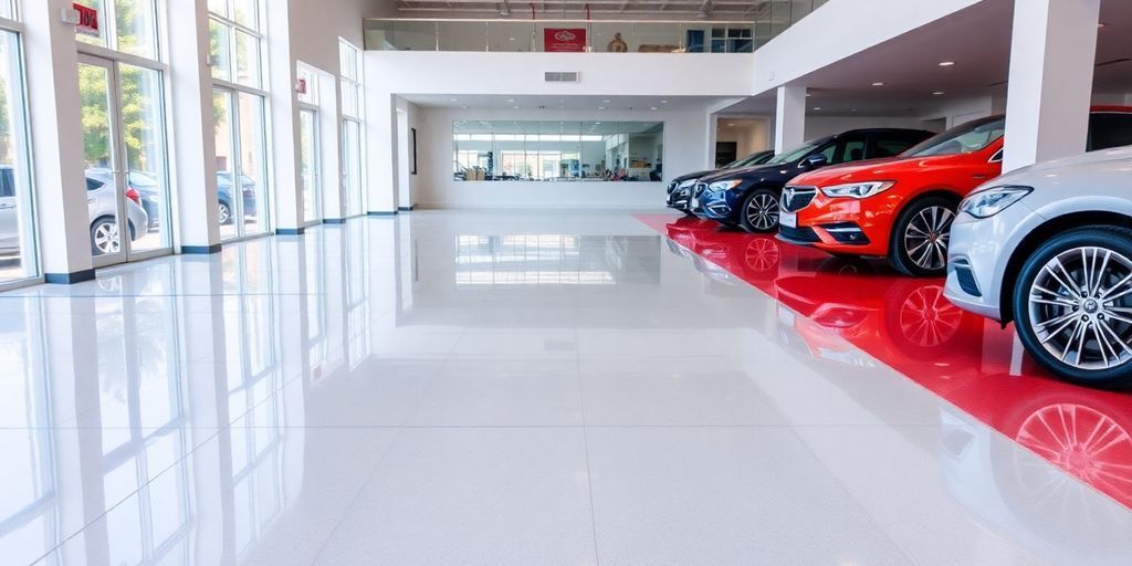 Polished showroom with vibrant epoxy flooring