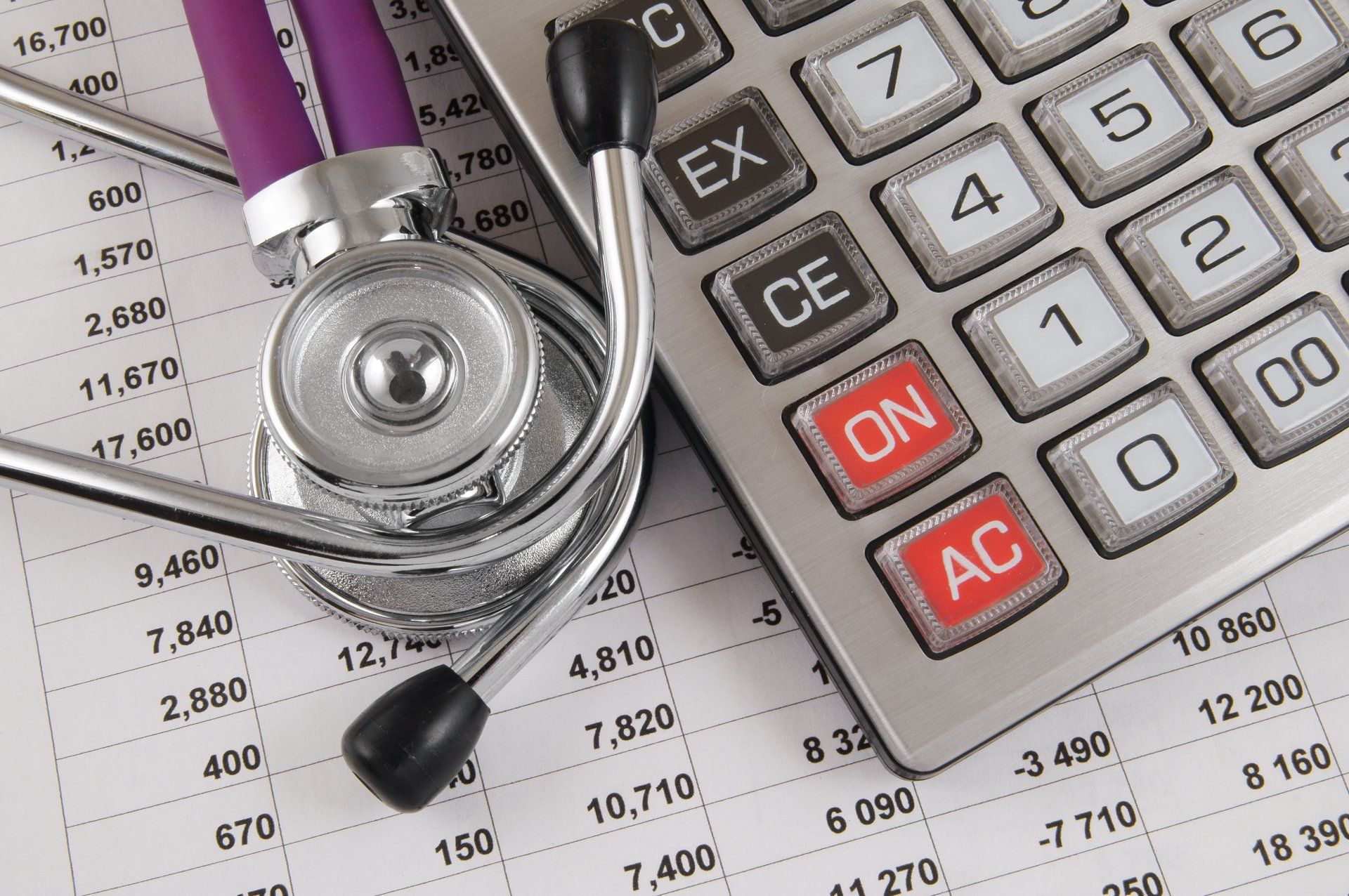 Cost of health care concept, stethoscope and calculator on document