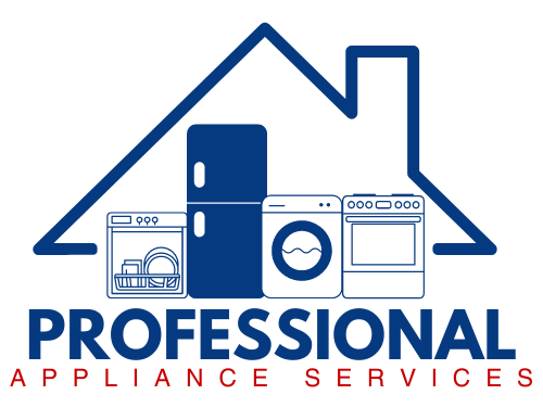 The logo for professional appliance services shows a house with a refrigerator , washer and dryer.