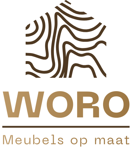 WORO logo with brown abstract woodgrain icon and text “Meubels op maat”