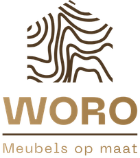 WORO logo with brown abstract woodgrain icon and text “Meubels op maat”