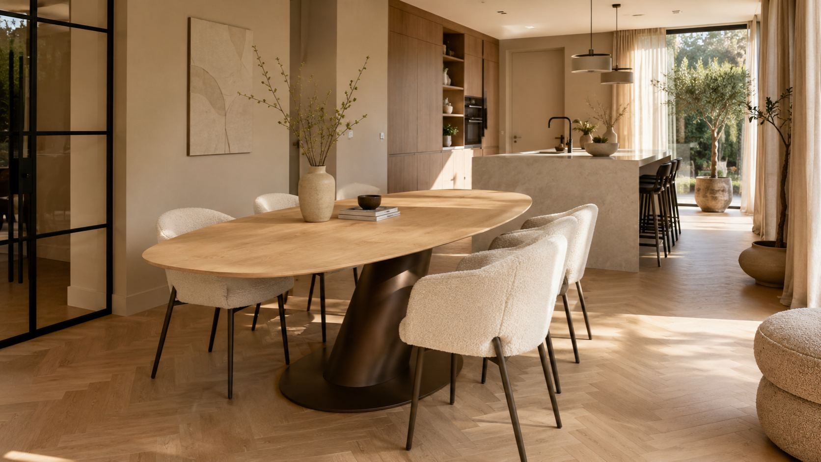 Moderne eetkamer met een houten tafel, witte stoelen en een warme beige inrichting, die uitkomt op een keuken met planten.