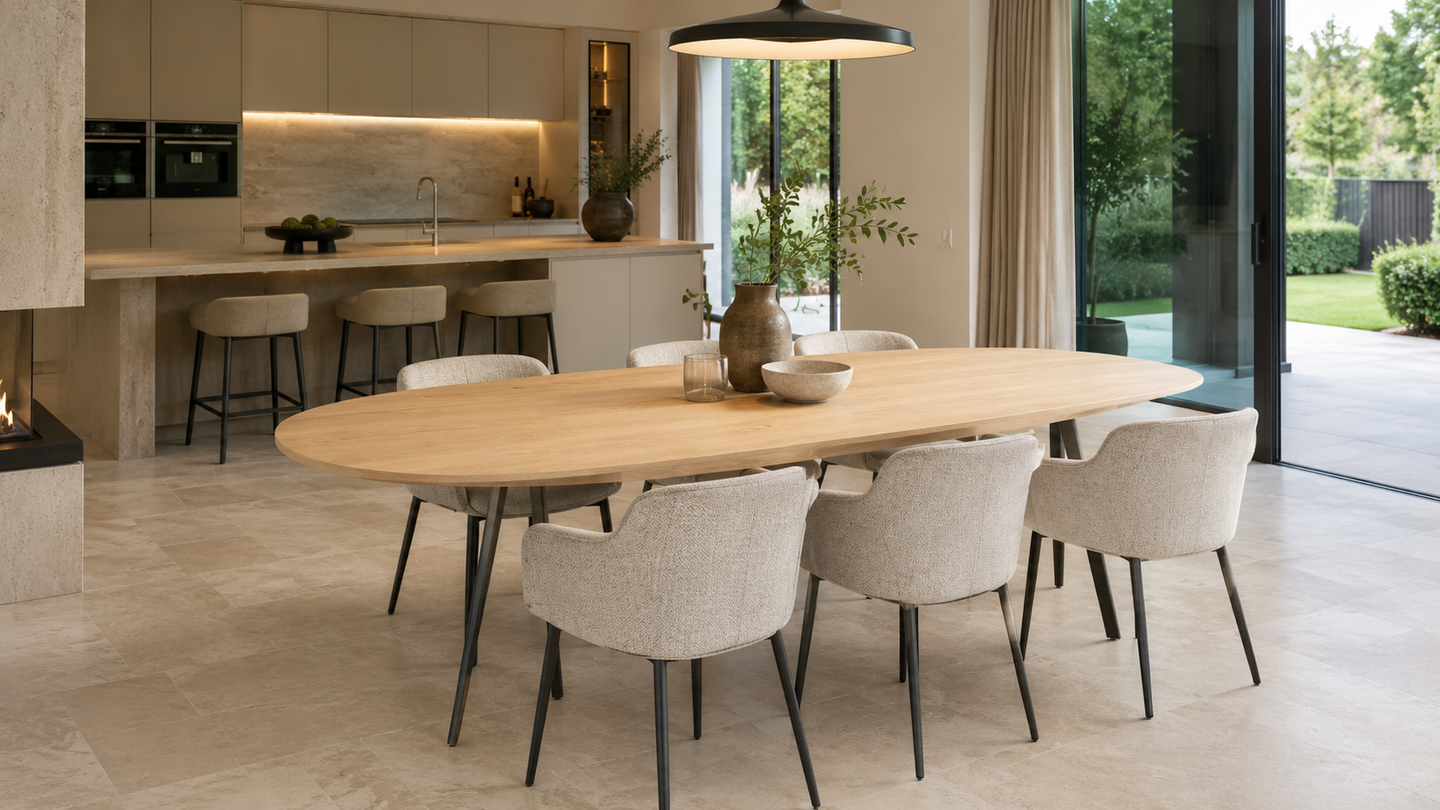 Moderne eetkamer met ovale houten tafel, gestoffeerde stoelen, kookeiland en openslaande glazen deuren naar de tuin.