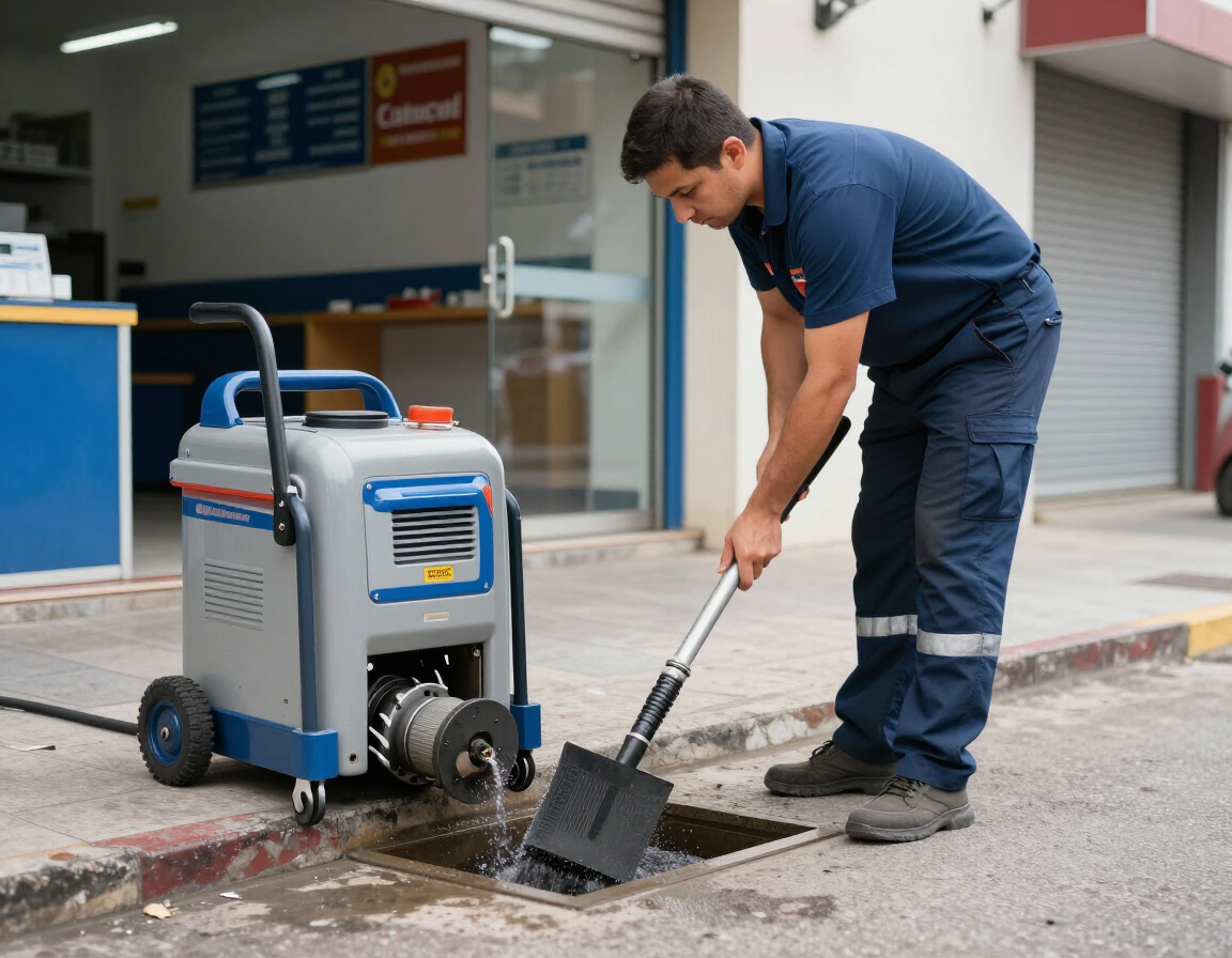 Servicio de destapaciones para comercio con maquinaria compacta y asistencia urgente.