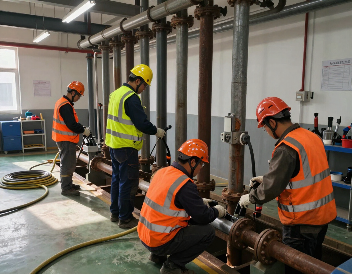 Equipo técnico trabajando en las cañerías de un consorcio.