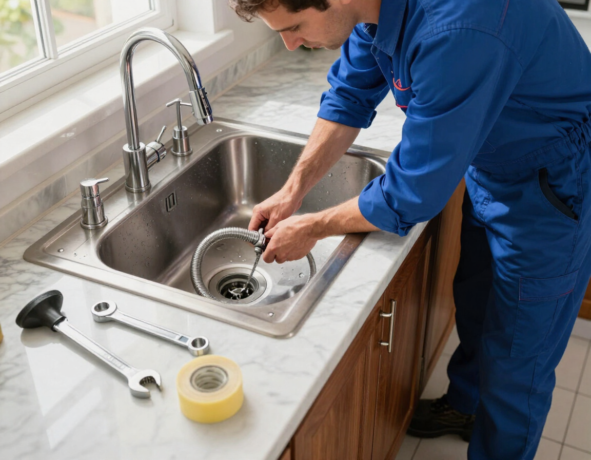 Destapación de cocina con pileta y herramientas de plomería en una vivienda.