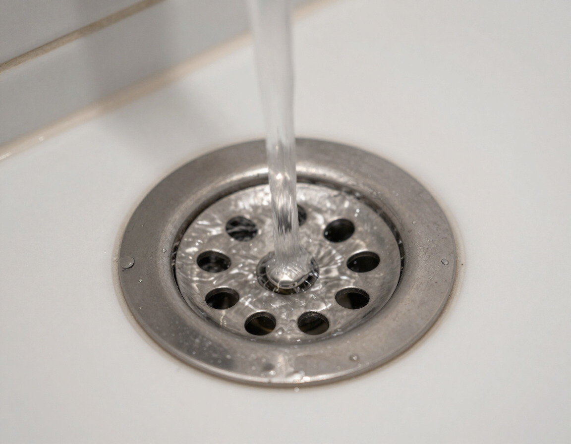 Agua cayendo por el desagüe de un fregadero de acero inoxidable con orificios circulares