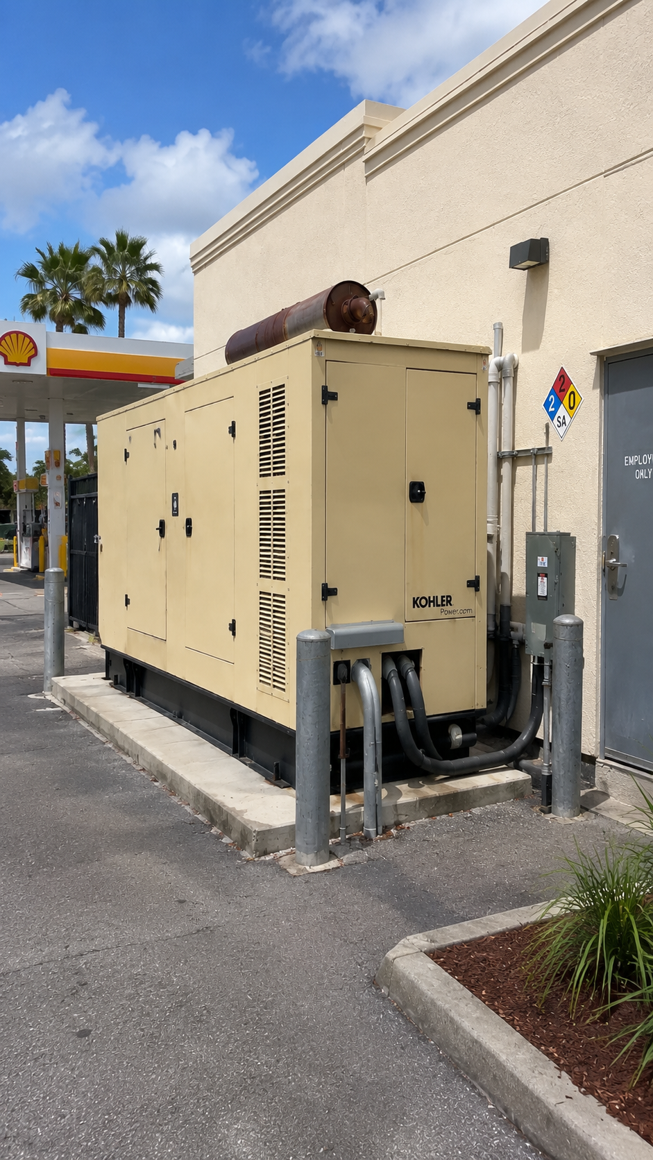 Person starting a red portable generator in a black metal frame outdoors on pavement